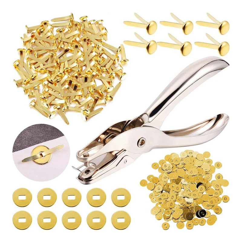 AT64 300 Pieces 3/4 Inch Brass Paper Fasteners Paper Brads, And 300 Pieces Plated Brass Washers With Hole Punch, 20Mm Durable