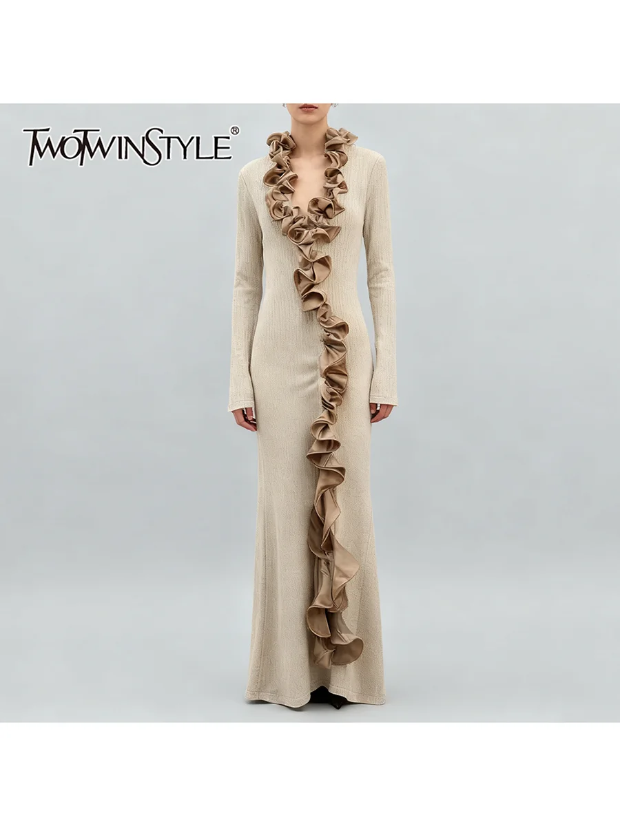 TWOTWINSTYLE Hit Color Slimming Spliced Fungus Folds Elegant Dresses for Women V Neck Long Sleeves Fashion Dress Female Clothing