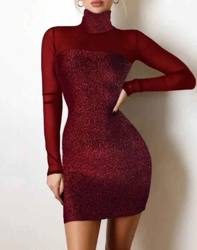 Elegant Evening Party Dresses for Women Glitter Sheer Mesh Patch Bodycon Dress 2023 Autumn Winter Spring New Fashion Casual