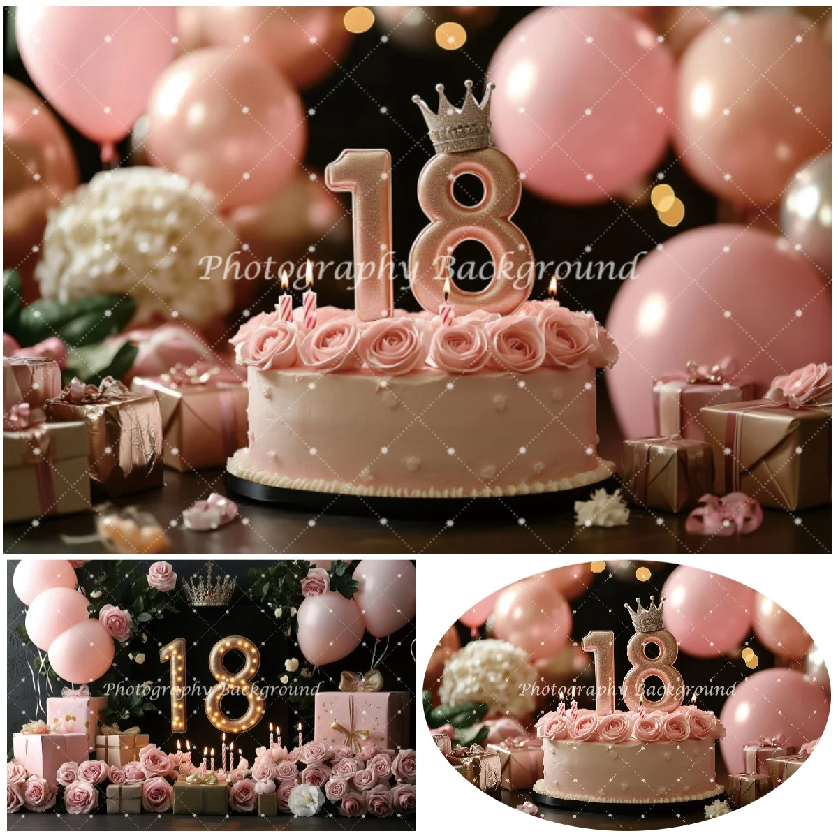 18th วันเกิดพื้นหลังสําหรับถ่ายภาพดอกกุหลาบสีชมพูหวานเค้กของขวัญวันเกิดตกแต่งถ่ายภาพฉากหลัง