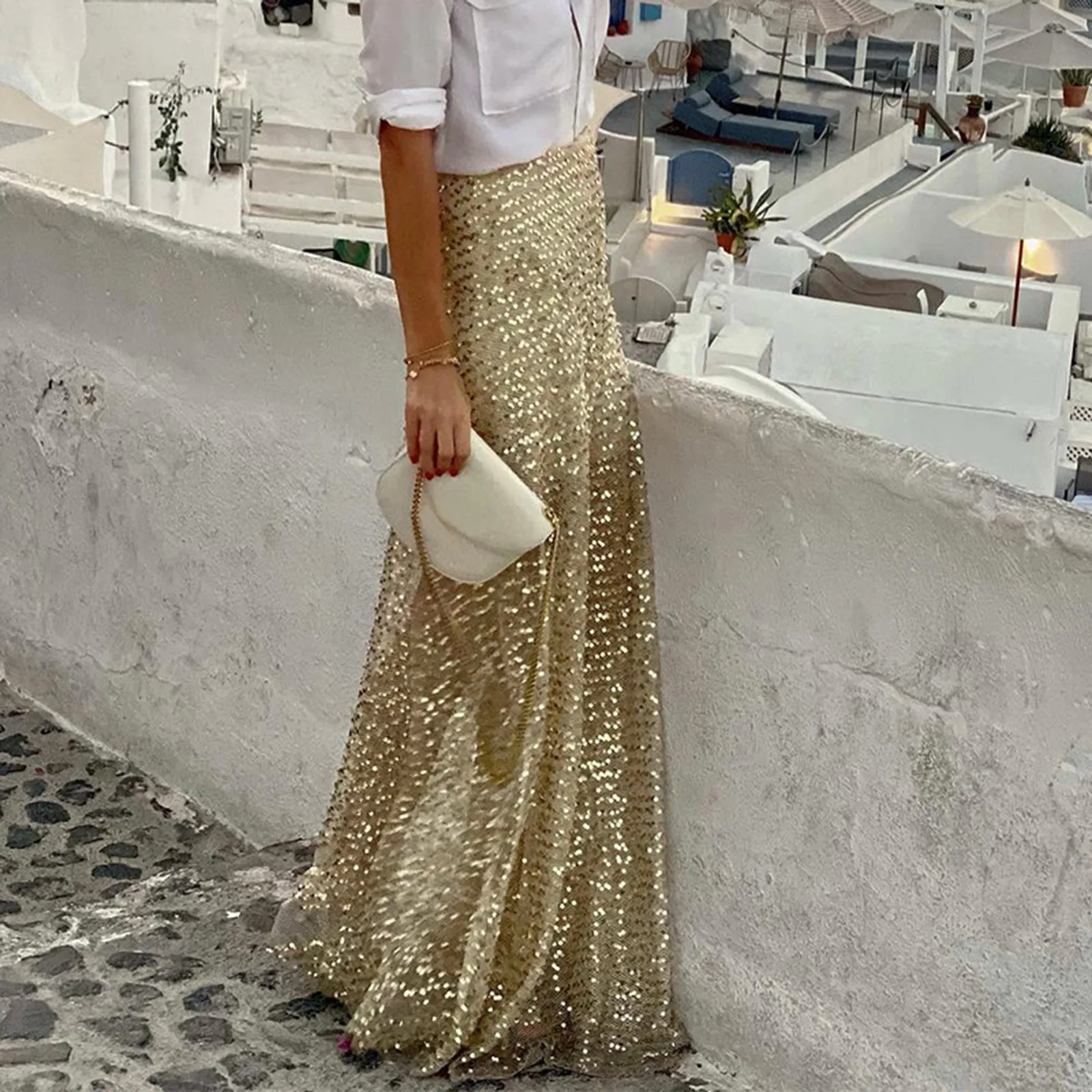 

Knit Skirts for Women Women Skirts Elastic Waist Gold Sequin Glitter Skirt Elegant Slim Fit Holiday Long Female Sparky Skirt