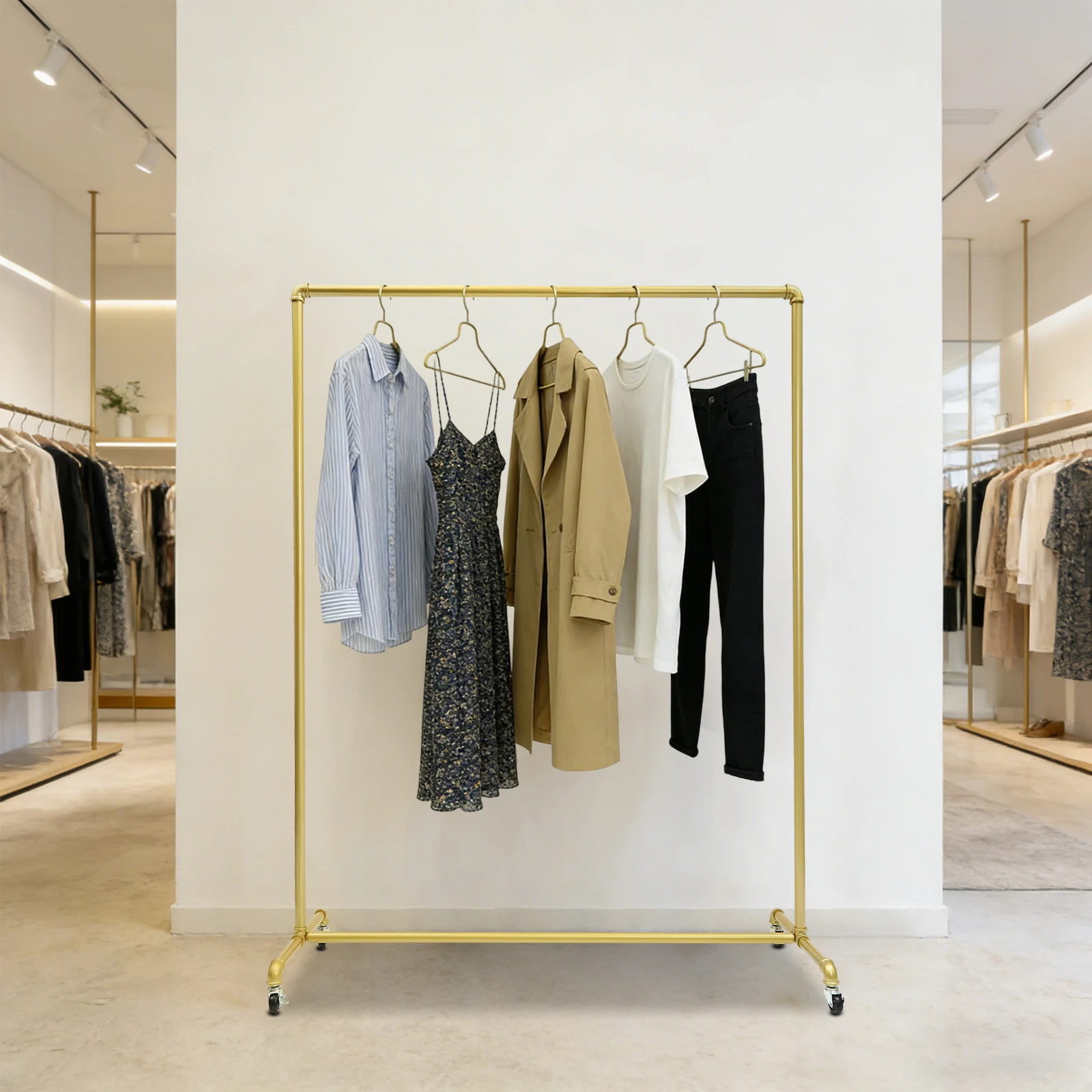 Porte-vêtements sur roulettes, 120x160cm, en tuyau industriel, doré, pour magasin et maison