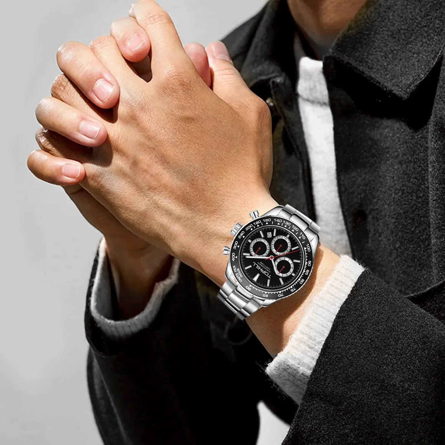 TOPHILL Racing Chronograph Men’s Quartz Watch Panda dial Tachymeter Bezel Sport Wristwatch Stainless Steel 100M Waterproof - Image 4