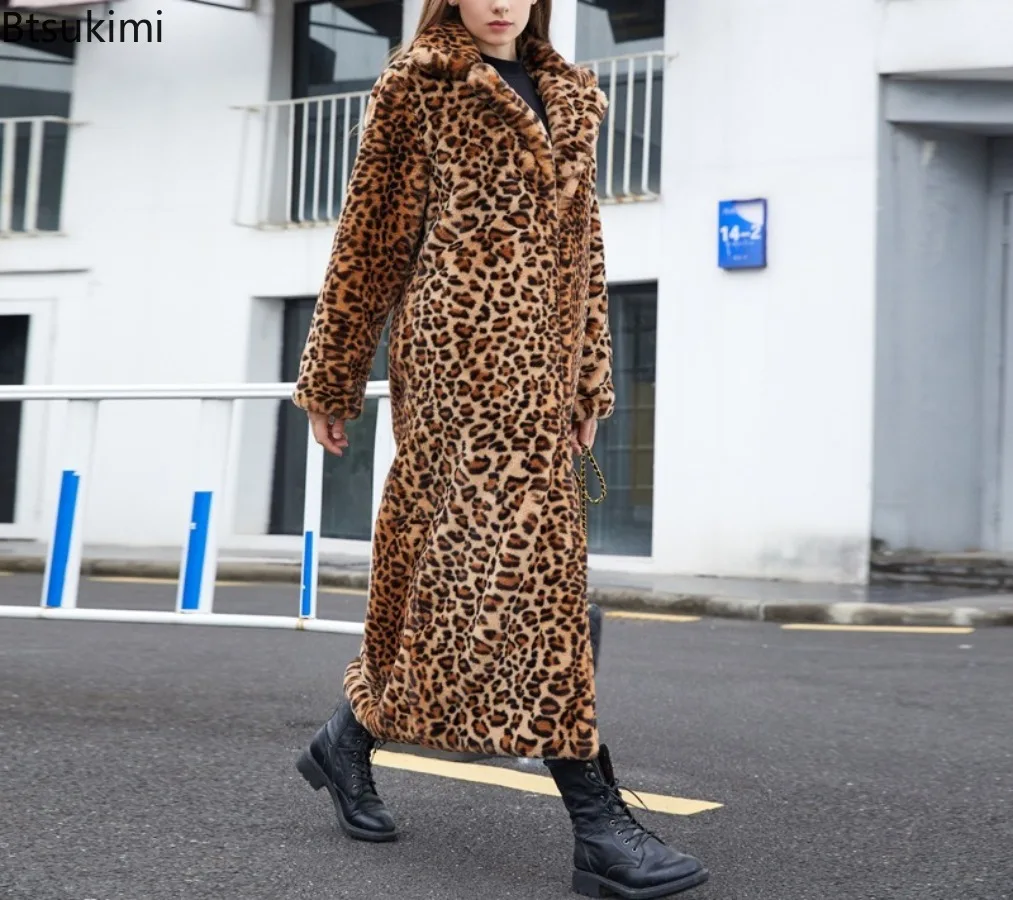 New Winter Women's Leopard Print Faux Fur Coats Longer Fashion Casual Loose Fur Overcoats Luxury Warm Windbreake Plush Outerwear