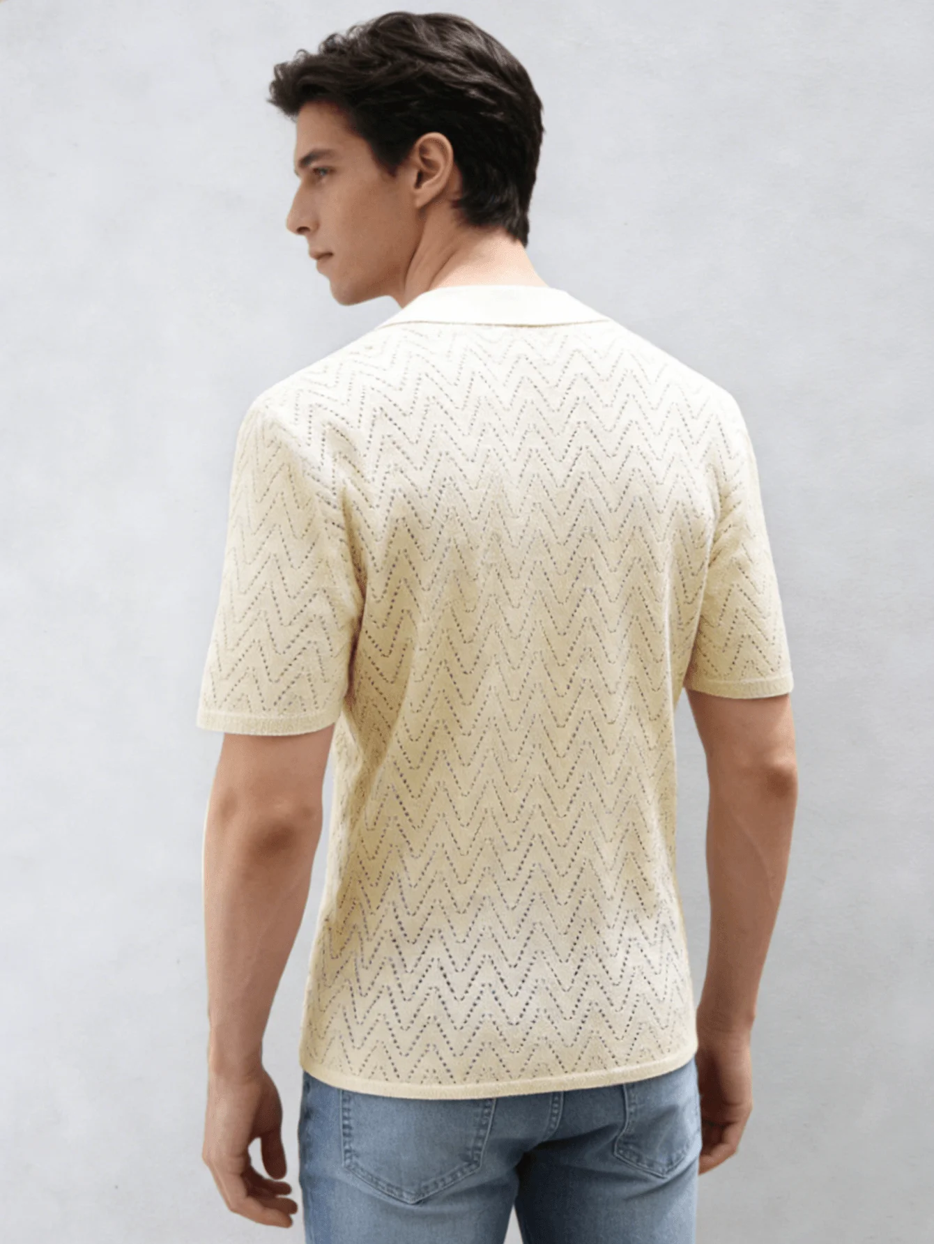 Men's Summer Hollow Out Knitted Shirt Cuban Collar Button Up Short Sleeve Breathable Casual Cardigan Top
