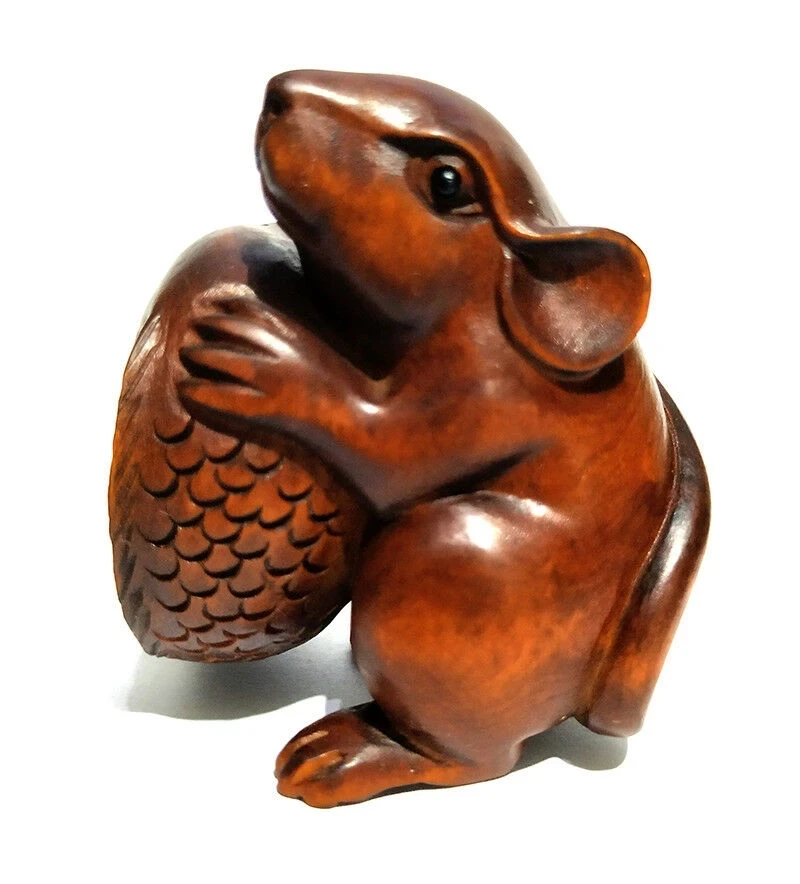 

2 INCH Boxwood Hand Carved Netsuke Sculpture Miniature Mouse and Fish