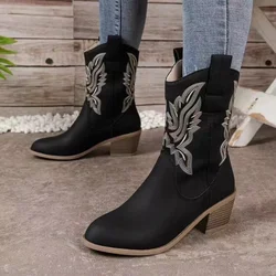 Woman Loose PU Leather Long Botas Mujer Embroidered Western Cowboy Boots for Women Autumn Pointed Toe Thick Heel High Knee Boots