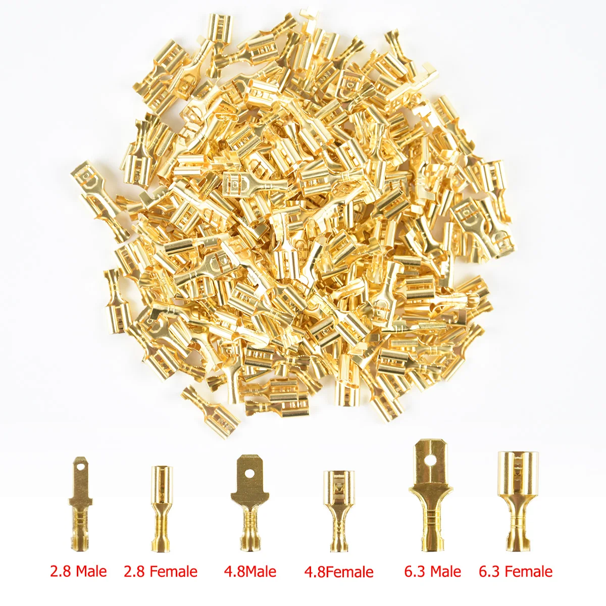 200 Stück Kupfer-Crimp-Steckverbinder (weiblich und männlich) für Kfz-Lautsprecherkabel, Flaggenschnurverbinder 2,8/4,8/6,3 mm mit Ummantelung – Detail 1
