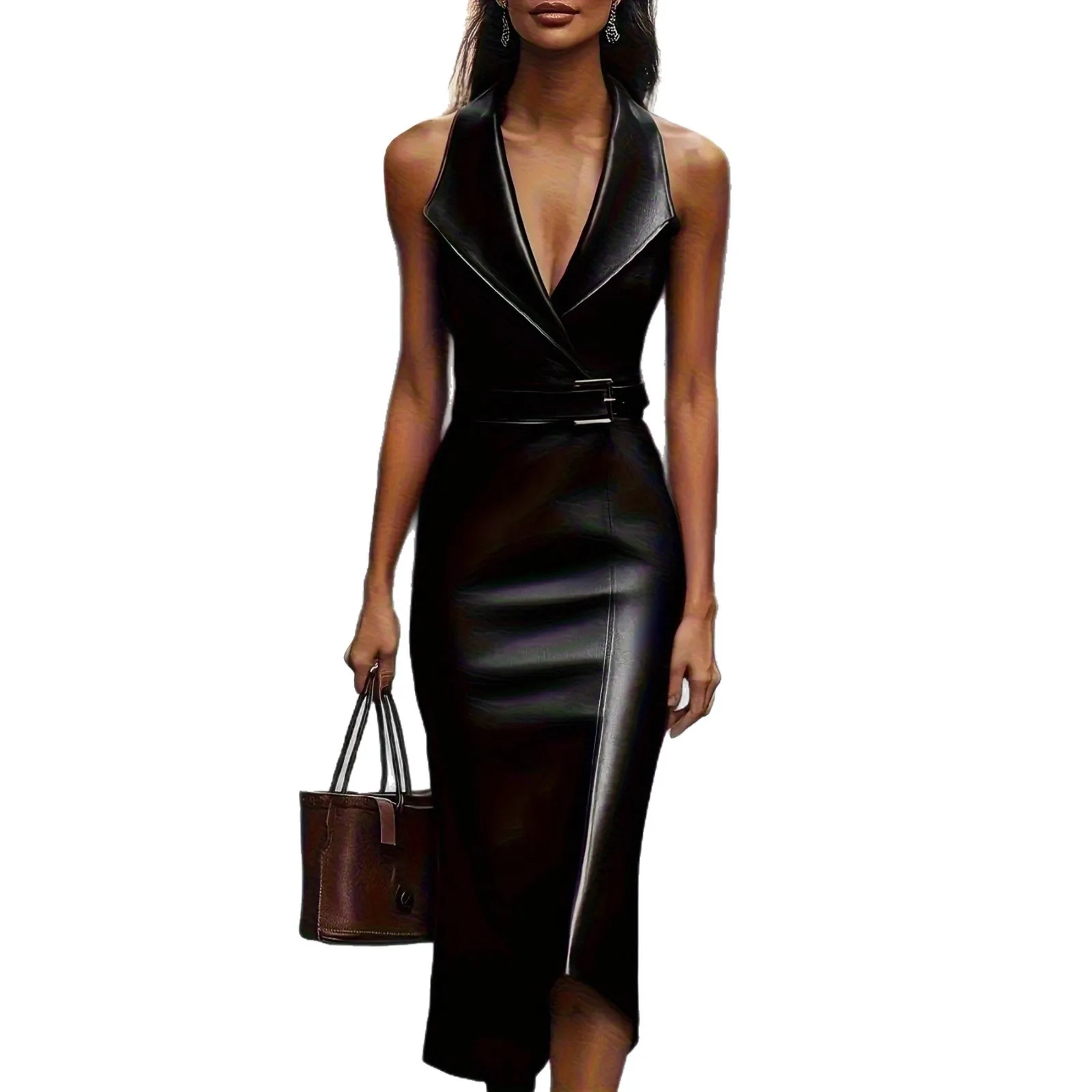 فستان حفلات مستقيم من جلد البولي يوريثان للنساء أنيق بحزام وطية صدر السترة فستان طويل صيفي بدون أكمام فساتين بوهيمية