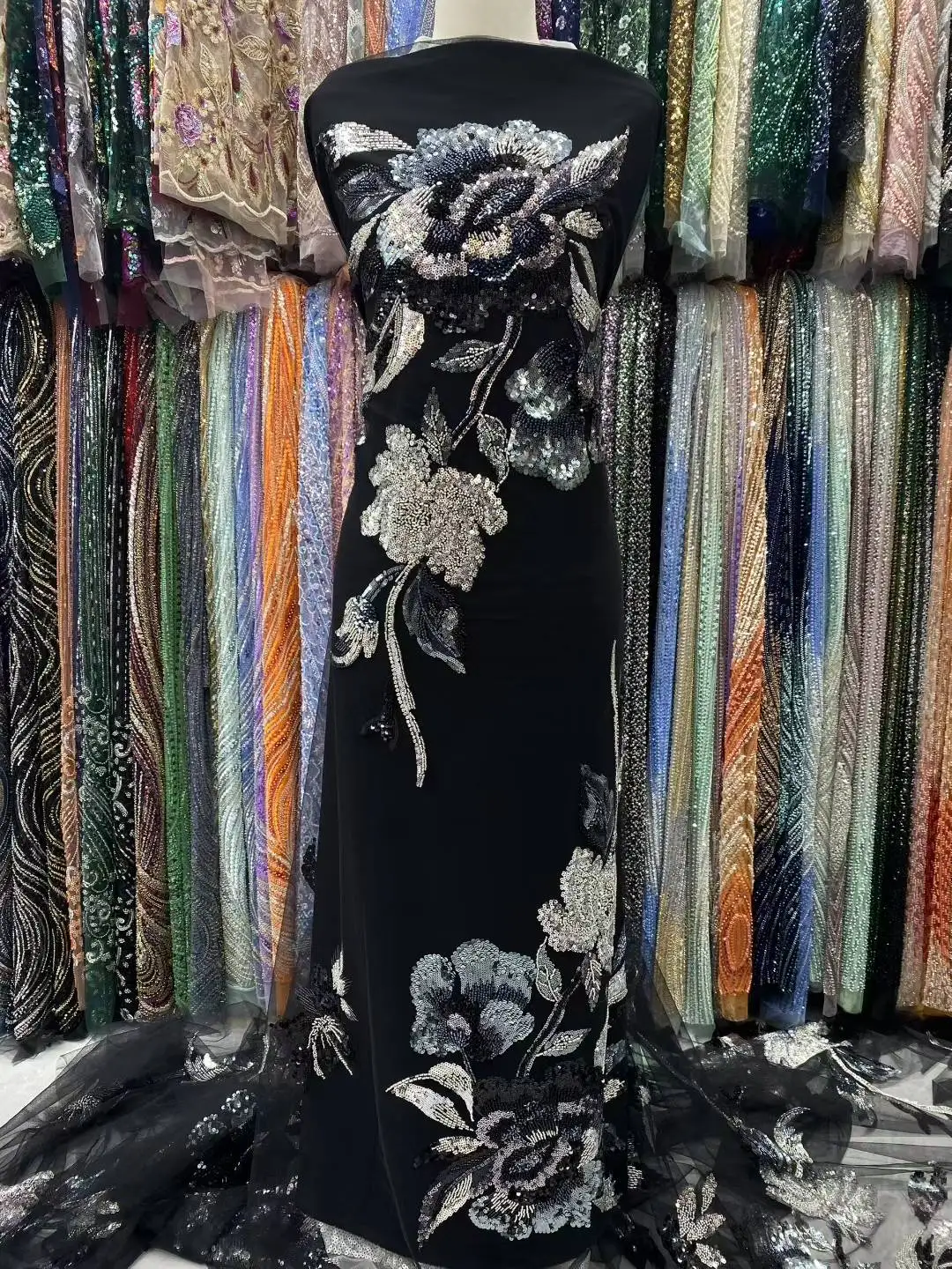 

Black French Beaded Sequins Lace Fabric 2025 High Quality 5 Yard Mesh Tulle African Lace Fabric Nigerian Wedding Dress for Women