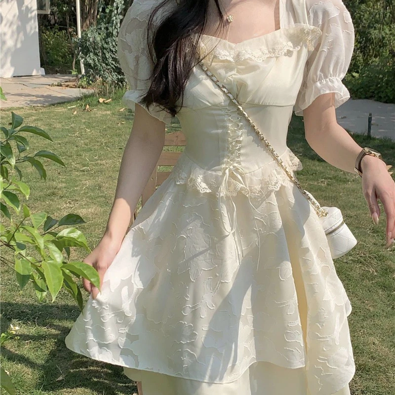 

French Girl Sweet Style Square Neck Short Sleeve Dress for Women Summer Slim Irregular Ruffled Lace Strap Design Princess Dress