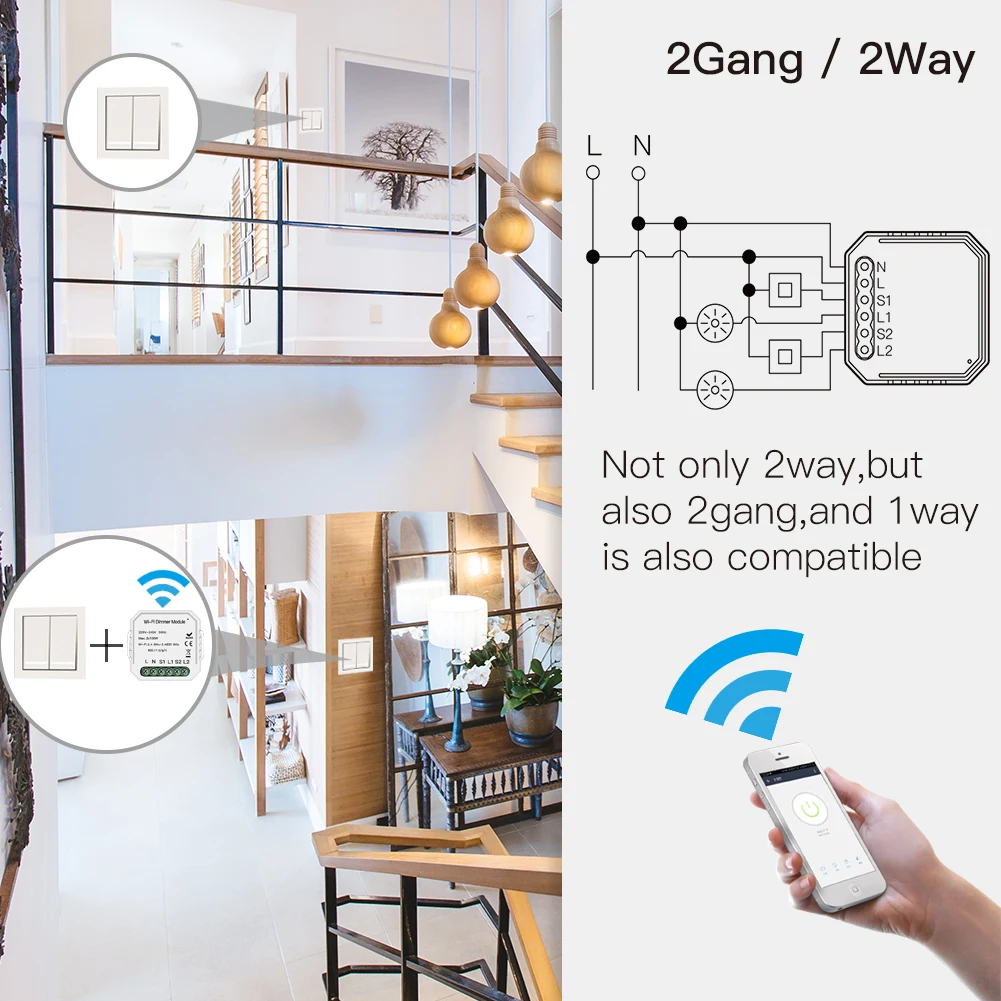 Tuya-módulo de intensidade de luz led, interruptor wifi inteligente, controle remoto, 1/2 vias, app tuya, funciona com alexa e google home