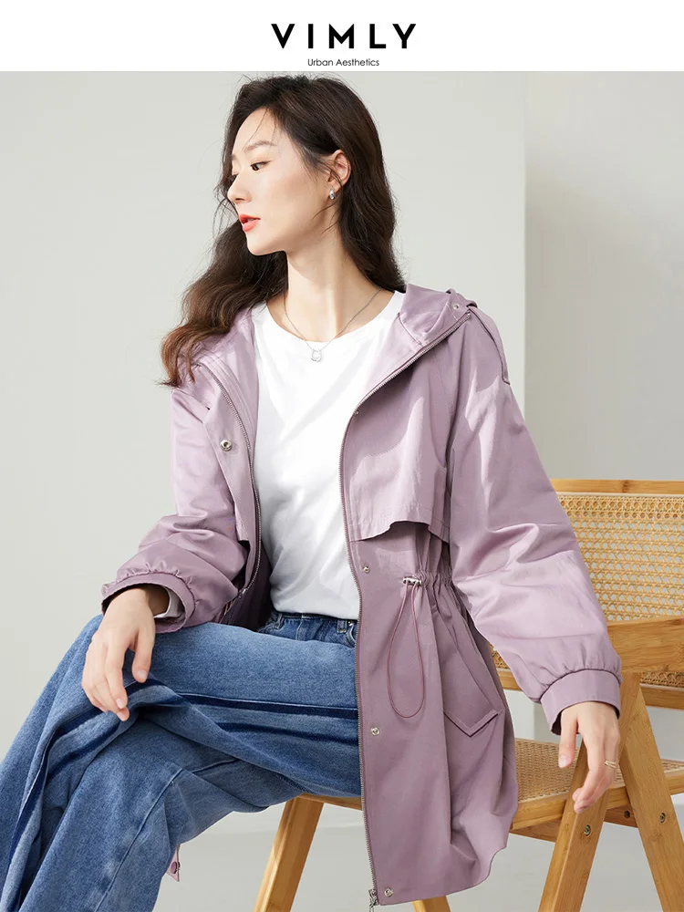 VIMLY Drawstring Waisted Long Trench Coat for Women 2023 Autumn New Cotton Blend Hooded Zipper Casual Jacket Coat Outwear M2817