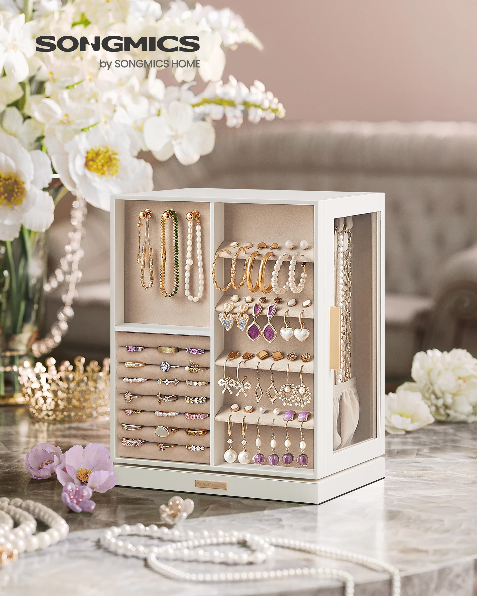 SONGMICS Jewelry Box 360° Rotating, Jewelry Storage Case with 5 Drawers, Jewelry Organizer, Glass Window, Spacious