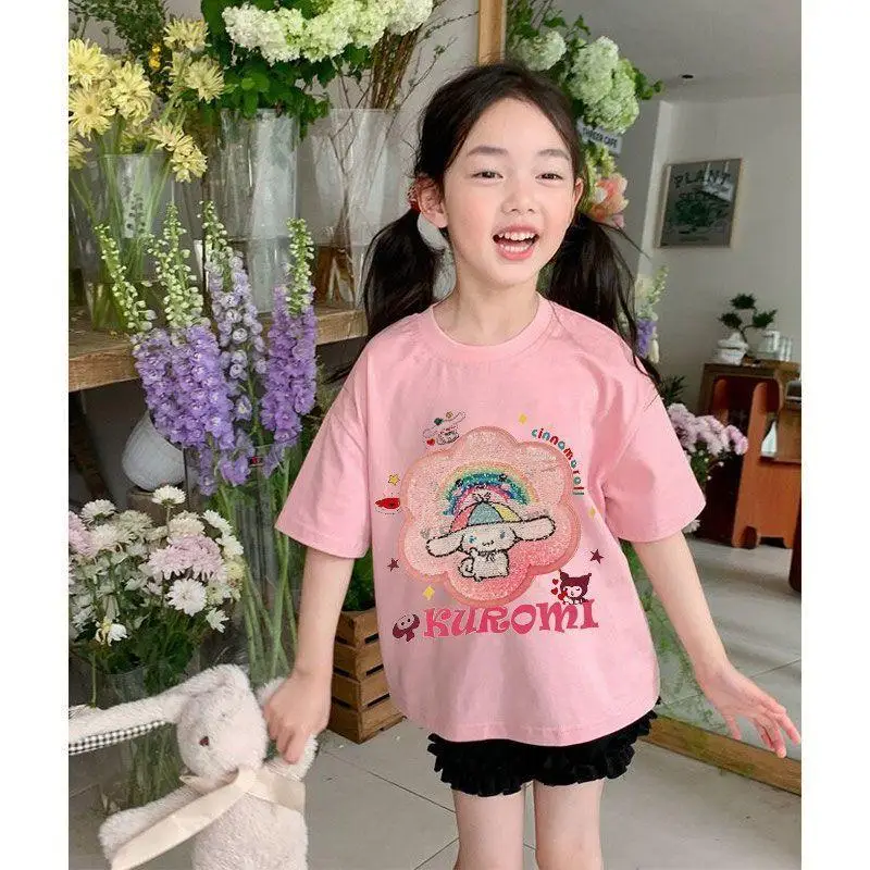 New Anime Sanrios Cinnamoroll Girl Cotton T-Shirt Kawaii Kuromi Cartoon Short Sleeve Fashion Embroidery Tops Summer Kids Clothes