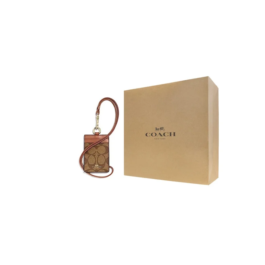 COACH Lanyard Coated Canvas With Leather Necklace Pouch Card Holder Clutch Women's Khaki Brown 63274-IME74