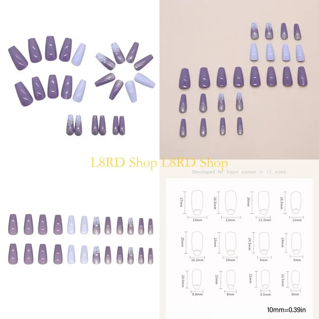 L8rd 24pcs متوسطة الضغط على التدرجات الأظافر الأرجواني المربع الأرجواني مع أظافر كاذبة مع تصاميم الزهور على الأظافر للنساء