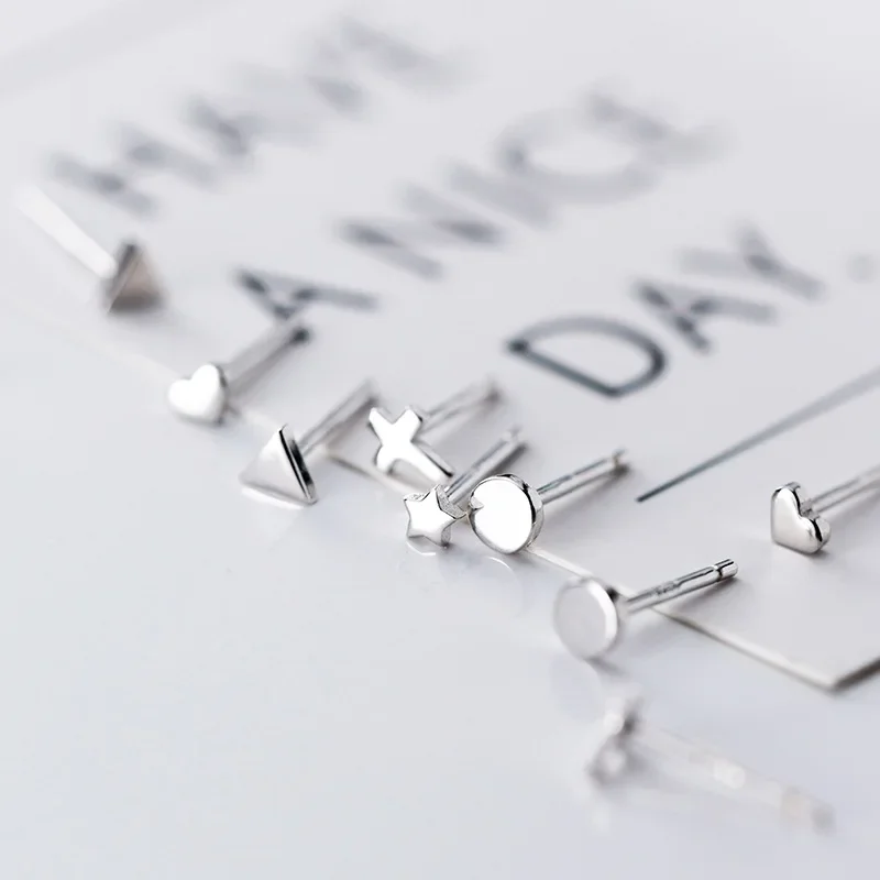 Trustdavis Genuine 925 Sterling Silver Gold Triangle Heart Star Cross Round Stud Earrings For Women Silver 925 Jewelry ED395