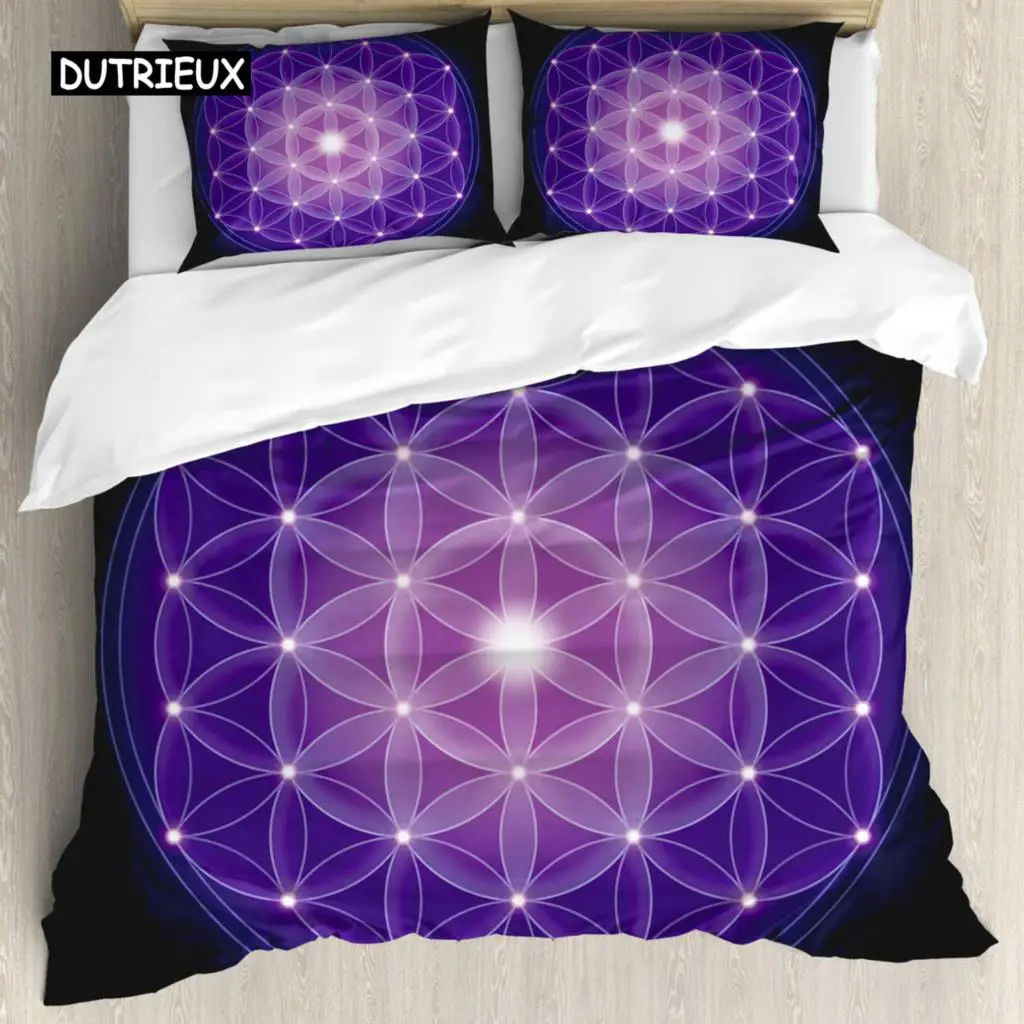 

Flower of Life Duvet Cover Set Dark Blue Queen Size with Stars Geometry Print Bedding Set 2/3pcs Quilt Cover for Kids Teen Adult