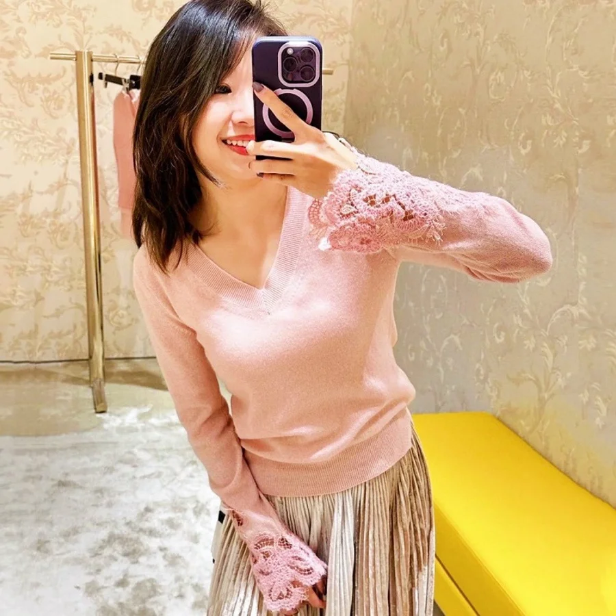 

High Quality Pink Cashmere Sweater Elegant Ladies Beige Lace Embroidery Knitwears Sexy V Neck Slim Black Pullover