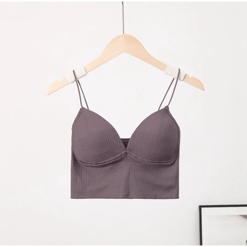 Rib Solid Women Seamless Crop Top Underwear Wire-Free V-Shaped Camisole Thin Straps Bra Bralette Lingerie One-Piece Tube Tops