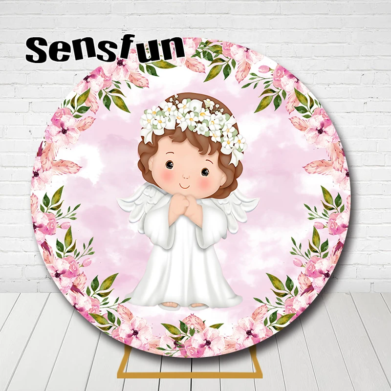 Baptism Round Background Holy First Communion Pink Florals Girl Angel Baby Shower Christening Party Decor Circle Backdrop Cover