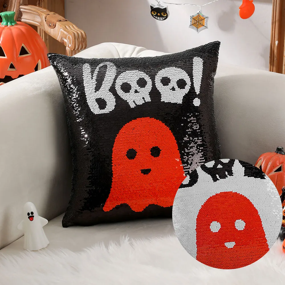 Halloween Throw Pillow Cover 18x18 Sequins Decorative Cushion Cover Reversible, Living Room Cute Pillows Sofa Ghost Funda Cojin