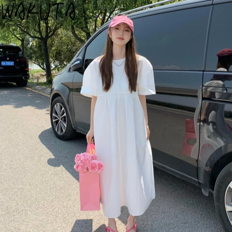 

WAKUTA Loose Casual Solid Women Dress Summer 2024 Korean Fashion Elegant Short Sleeve 2 Colors Long Dresses Daiywear Sweet