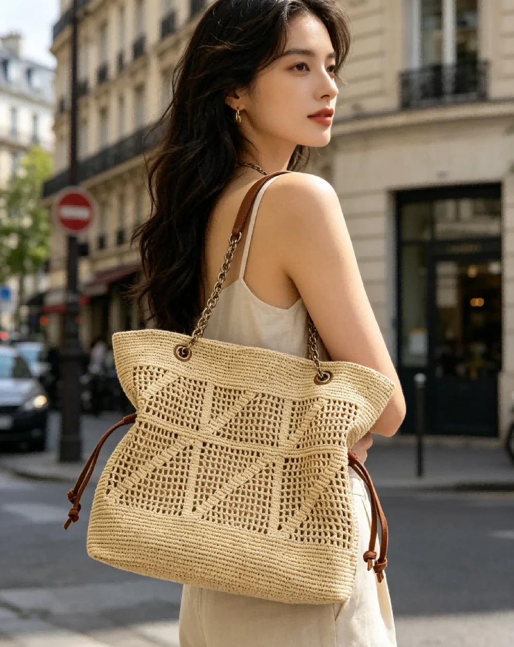 

Boho Beige Woven Tote Bag for Women Casual Drawstring Shoulder Purse for Summer Vacation and Beach Trips