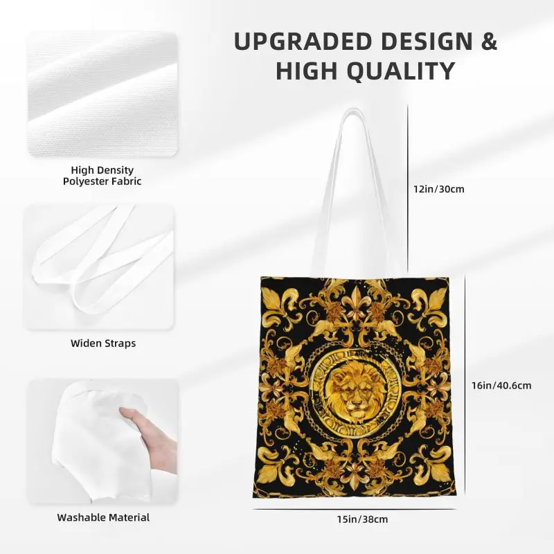 Custom Reusable Golden Lion And Damask Ornament Shopping Bag Shoulder Canvas Tote Bag Durable Baroque Groceries Shopper Bags