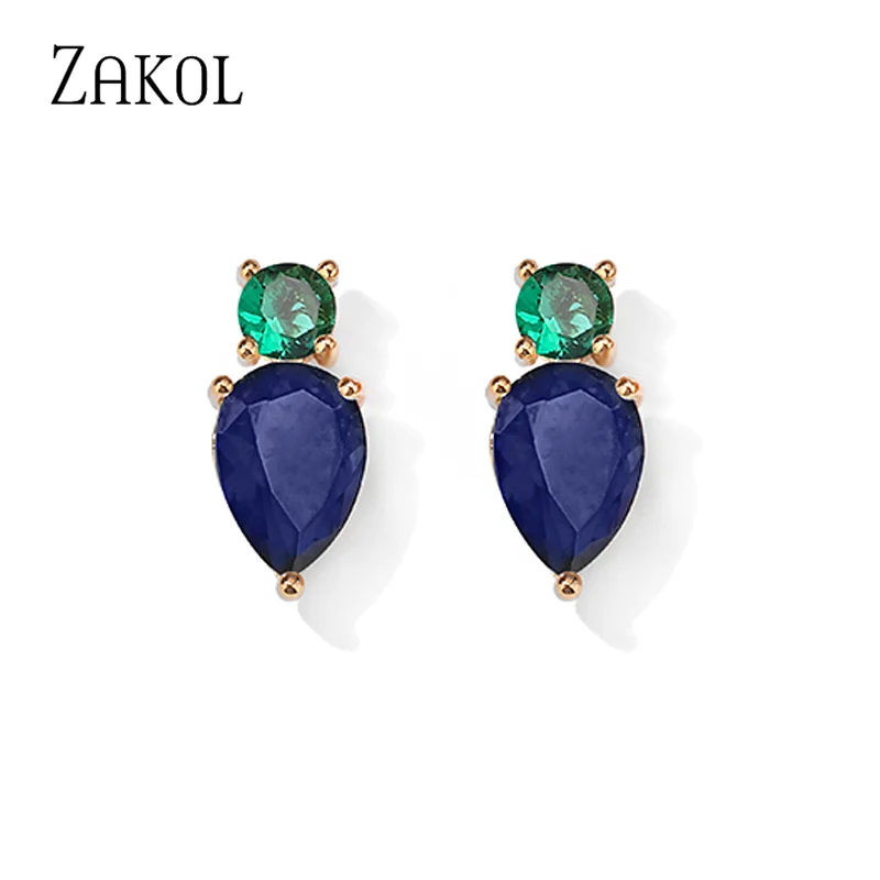 ZAKOL Fashion Mutilcolor Water Drop Zircon Stud Earrings for Women Blue Green Cubic Zirconia Earring Wedding Party Jewelry