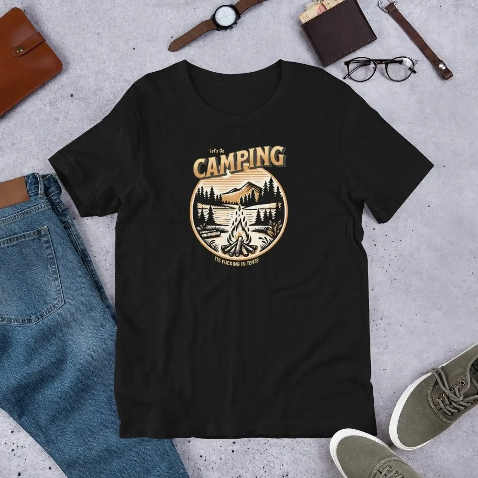Let s Go Camping T Shirt Funny Adult Humor Gag  vintage Washed Casual Top For Everyday Wear fashion Stretched homme Stylish