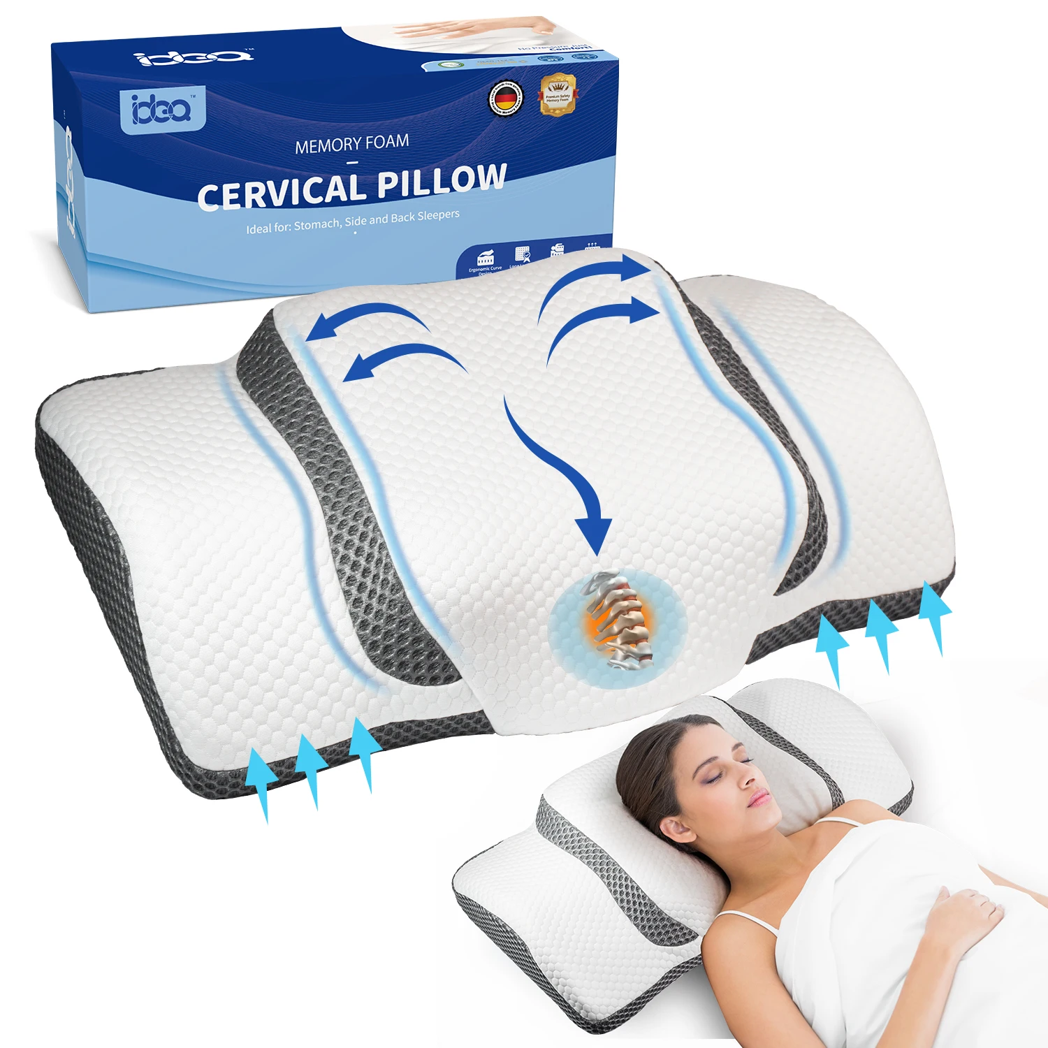 Orthopädisches Kissen, Ergonomisches Nackenkissen Kopfkissen, Memory Foam Kissen Original für Seiten, Rücken & Bauchschläfer, Nackenstützkissen für Männer, Frauen (67.3 x 38.2 x 13.8/3cm)