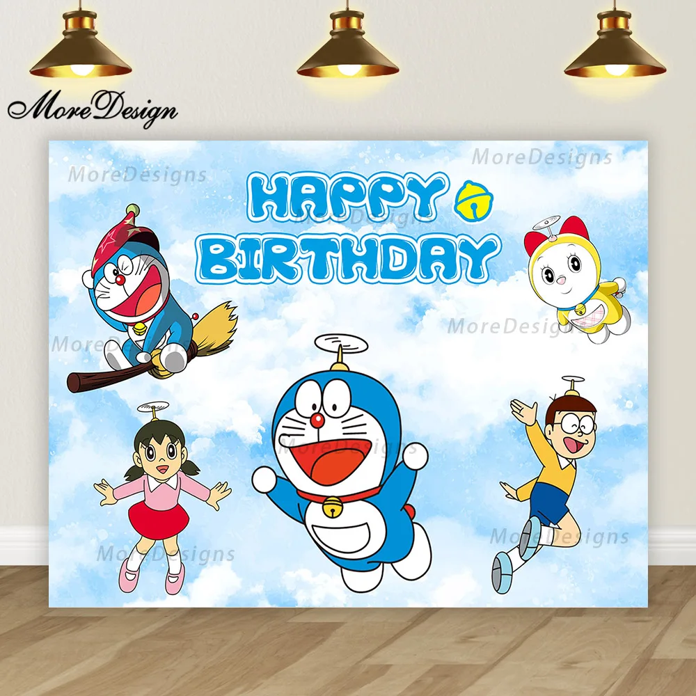 Doraemon Birthday Banner Kids Photo Backdrop Baby Shower Party Decoration Cartoon Vinyl Polyester Fabric Background