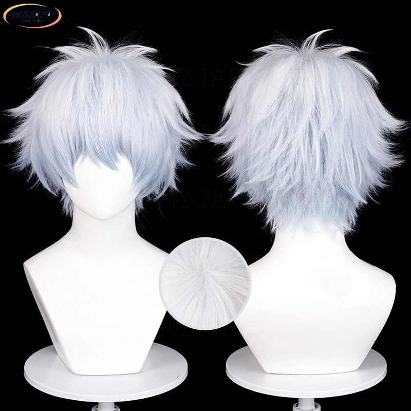 

Anime Sakata Gintoki Cosplay Wig Short Silver Blue Gradient Heat Resistant Synthetic Hair Halloween Party Wigs + Wig Cap