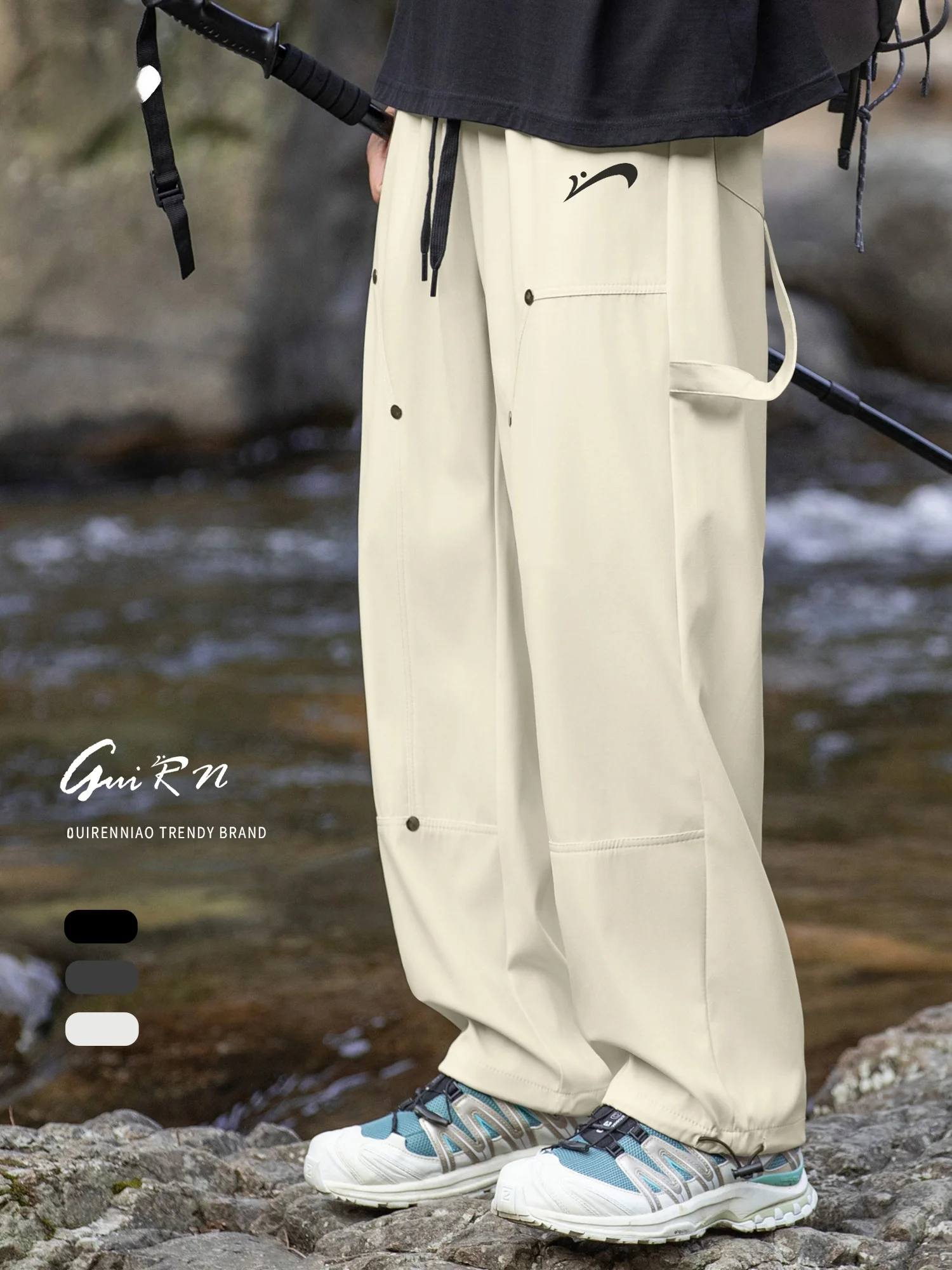 

Guo Ren Niang Мужские летние рабочие брюки с заклепками для занятий спортом на открытом воздухе, горные спортивные широкие повседневные тонкие брюки, молодежные активные брюки из полиэстера S...