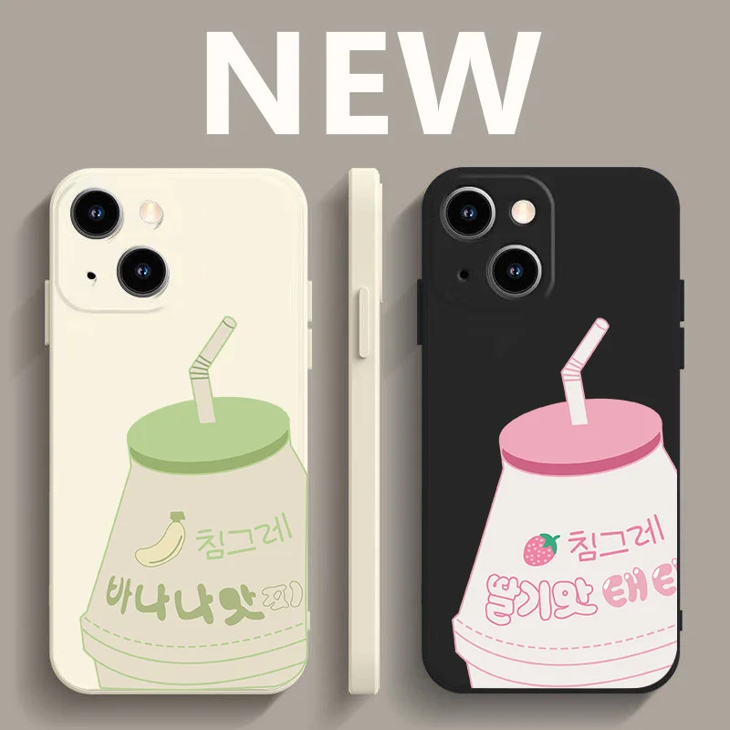 INS Korea Banana Strawberry Milk Couple Phone Case For iPhone 13Pro Max 15 14 12 11 SE20 X XS XR 7 8 Plus Cute Bottle Soft Cover