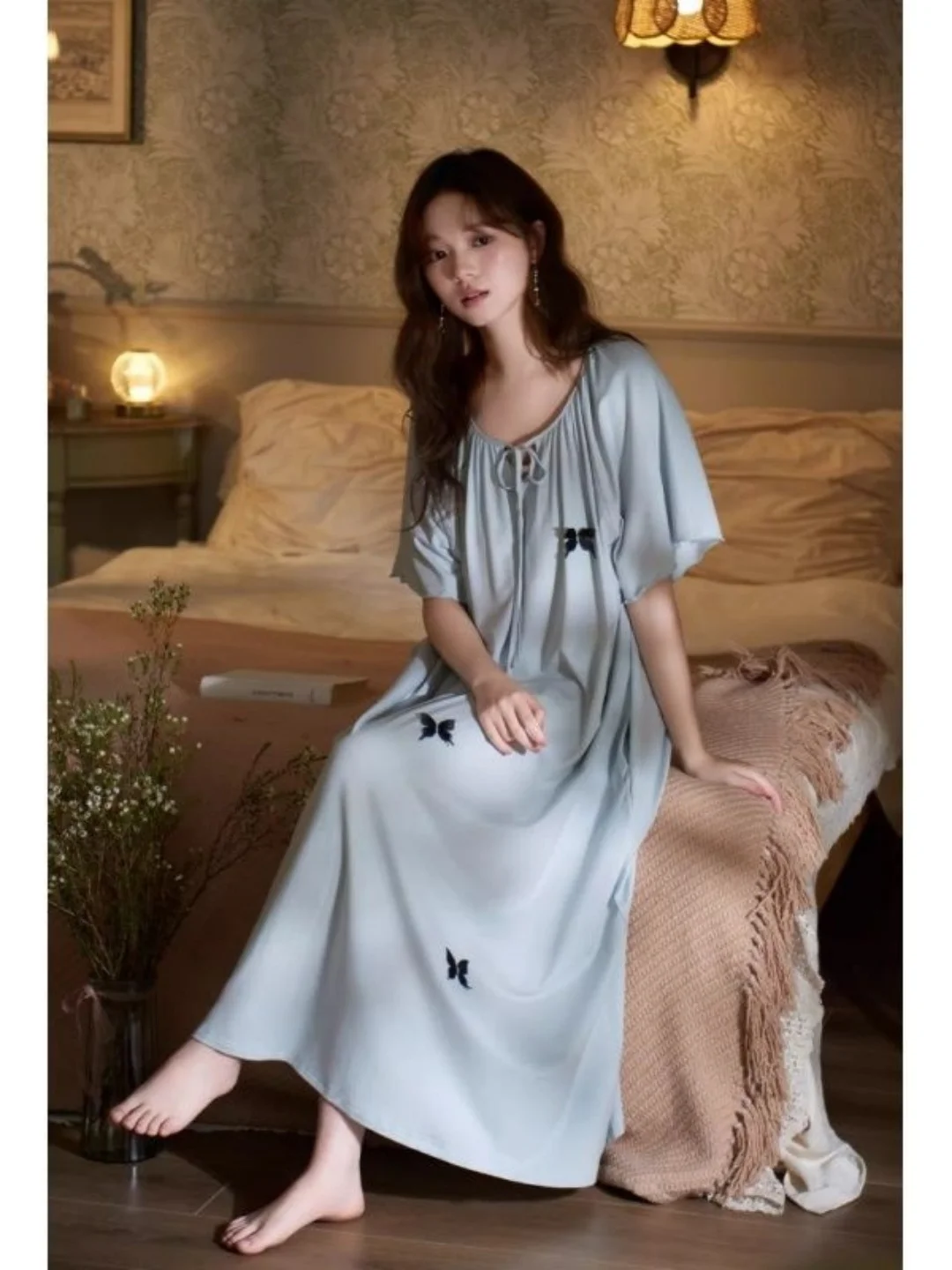 

Summer Short Sleeve Knot Waist Loose Comfortable Lazy Style Splice Long Home Clothes plus Size Women's Nightgown