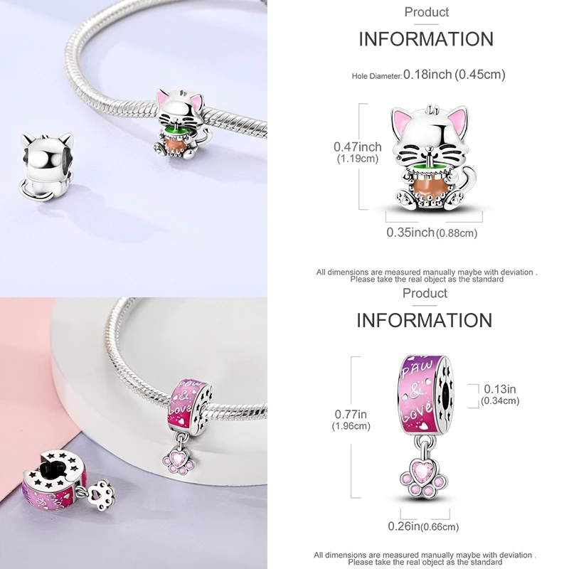 925 Sterling Silber Hund Katze Pfotenabdruck Charm Perlen Glücksbringer Katze Haustierliebhaber Herz DIY Armband Halskette Geschenk für Frauen Mädchen – Detail 20