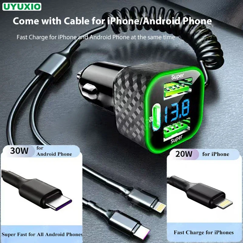 

UYUXIO 5 in 1 Multi Port USB C Car Charger Adapter with Voltage Display Cable Super Fast Charge for iPhone 16 15 Pro Max Samsung