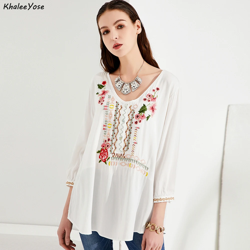 KHALEE YOSE Boho Floral Embroidery Blouses Shirt Autumn Spring Mexican Shirt Long Sleeve Button Front 3xl Ethnic Shirts Tops