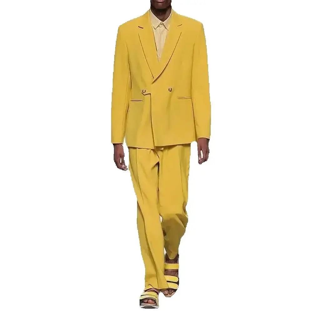 Loose Yellow Notch Lapel Solid Men Suit Fashion Casual Graduation Wear Chic Christmas Wedding 2 Piece Blazer with Pants