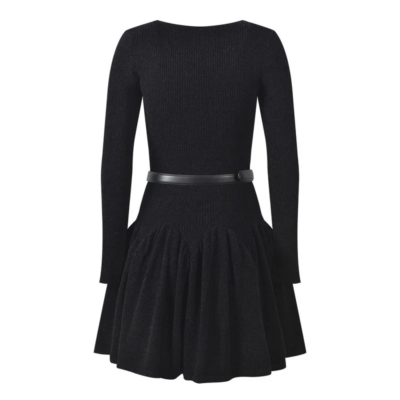 CHUJIE 2025 خريف تصميم جديد مضلع الرقبة المستديرة الخصر Cinching مربوط المرقعة محبوك المخملية قاعدة فستان #3