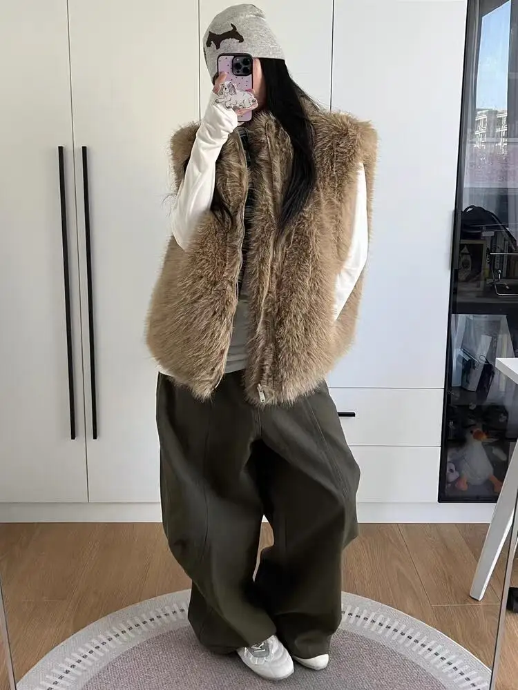 

Double-Sided Wear Fur Jaet Women's Autumn Winter Outerwear Inteated Skin And Fur Fake Fur Plaid Vest Warm Korean Sle