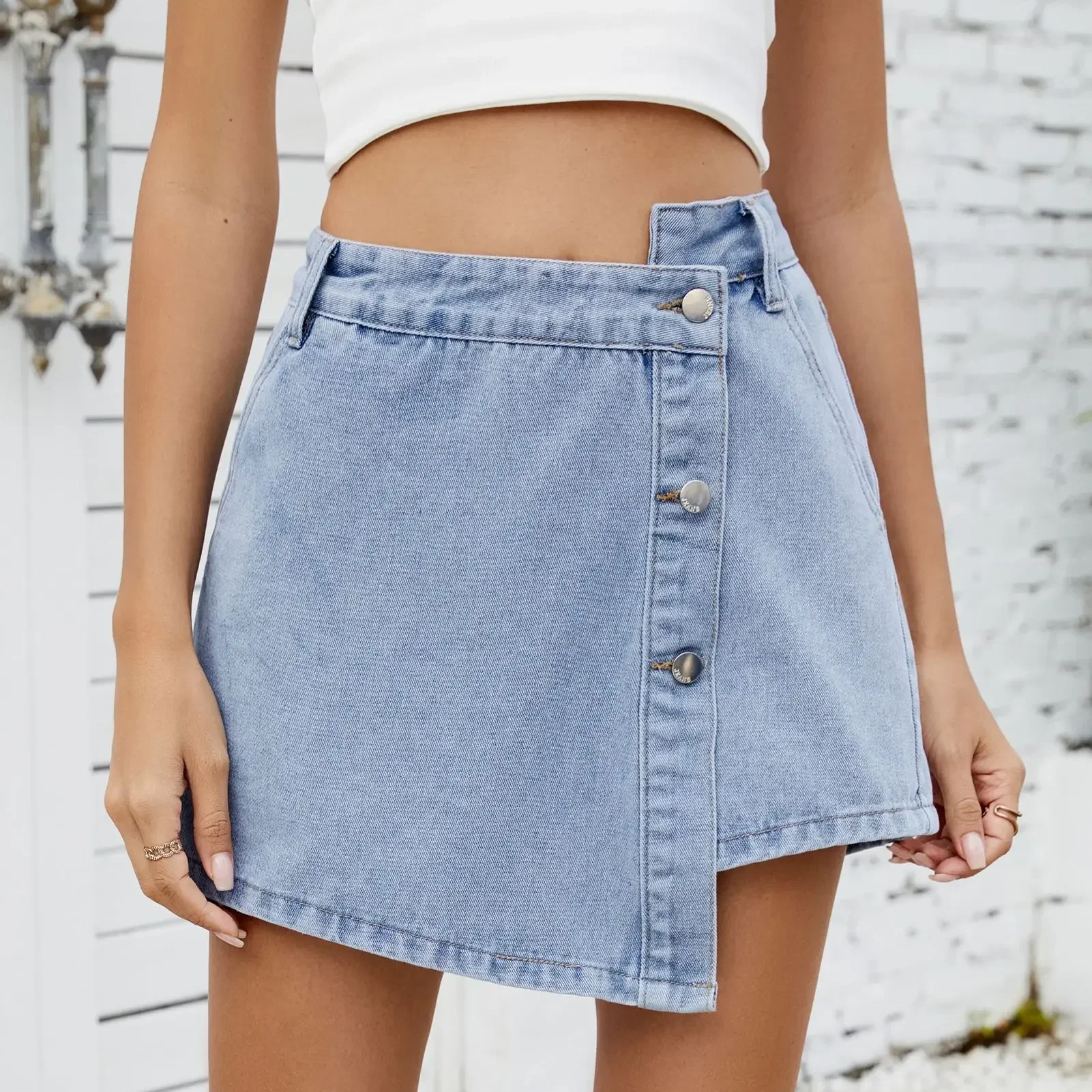 

Culottes Women Denim Shorts Irregular Washed Distressed Pockets Mid Waist Streetwear Jeans Female 2025 Vintage Short Pant Skirt