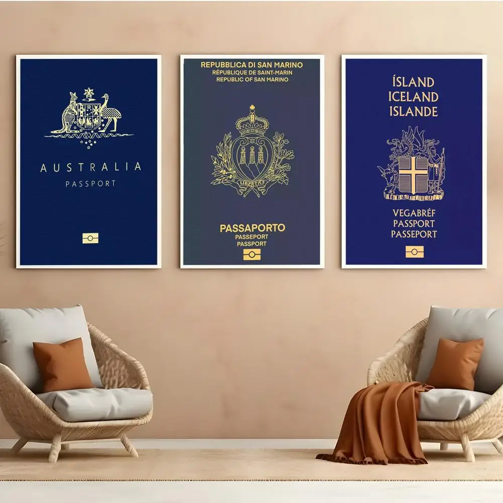 Blue-background Passports Poster Self Adhesive HD PVC Wall Art - Waterproof & Stain Proof For Home Office