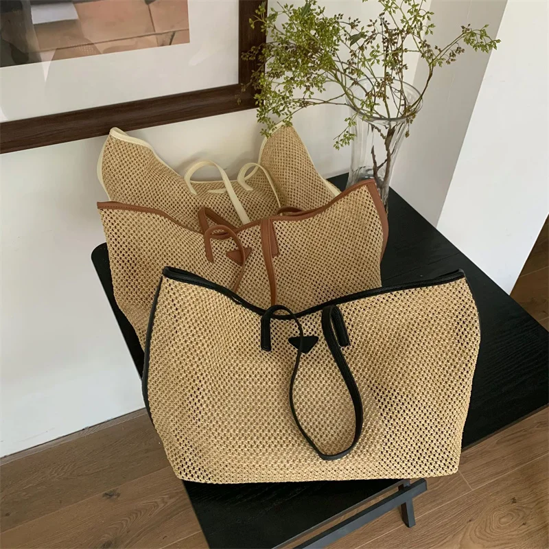 Designer Women\'s Bag Straw Purse Luxury Large Capacity Knitting Hollow Out Tote Shoulder Bag Beach Handbag