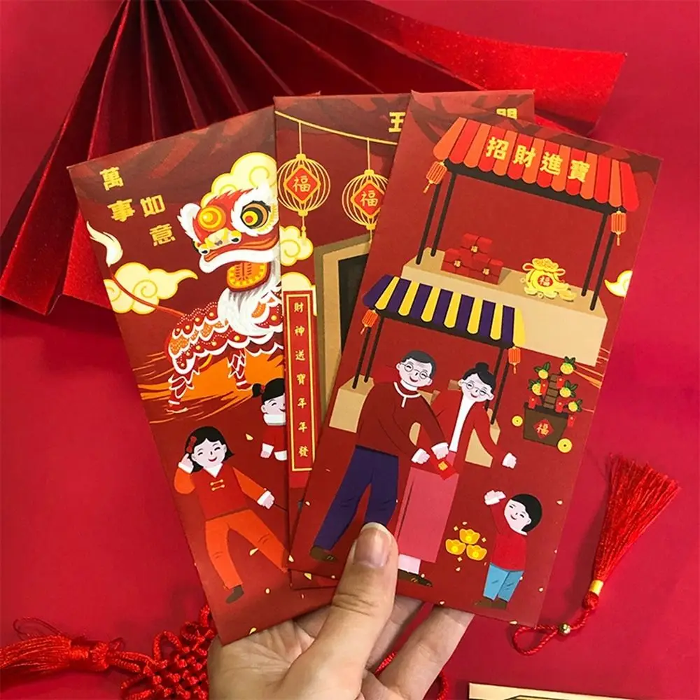 6Pcs Paper Chinese New Year Red Envelopes Chinese Style Traditional Spring Festival Hong Bao Best Wishes Lucky Blessing Bag