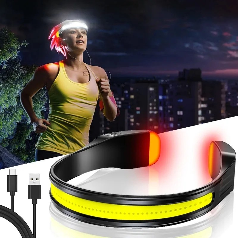COB Headlight Rechargeable 3Lighting Modes Floodlight with Tail Red Light Wide Angle Lighting for Outdoor Running Work Headlight