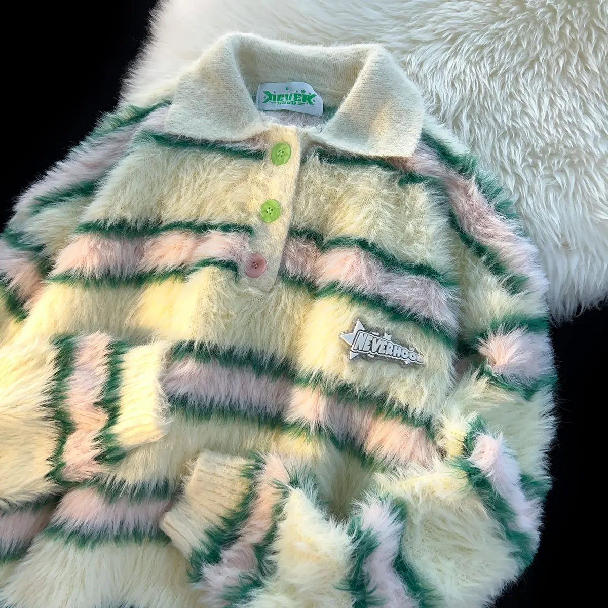 Siren Chic American Vintage Contrast Color Striped Streetwear Turn Down Collar Long Sleeve Loose Pullovers